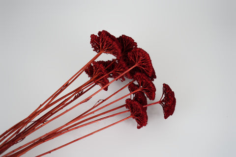 A cluster of artificial deep red ginkgo leaves with long reddish-brown stems, arranged on a plain light gray background.