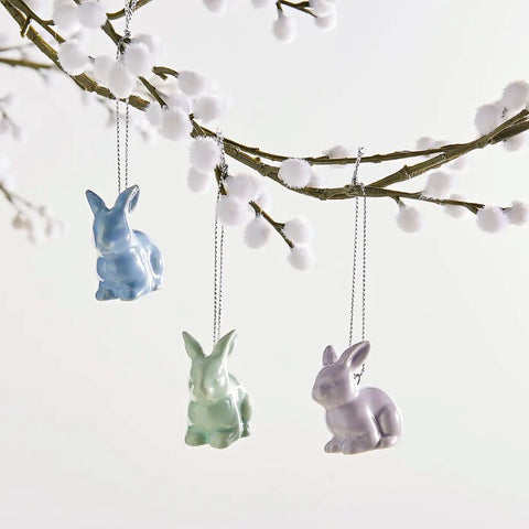 Set of 3 Mini Ceramic Bunny Hanging Decorations