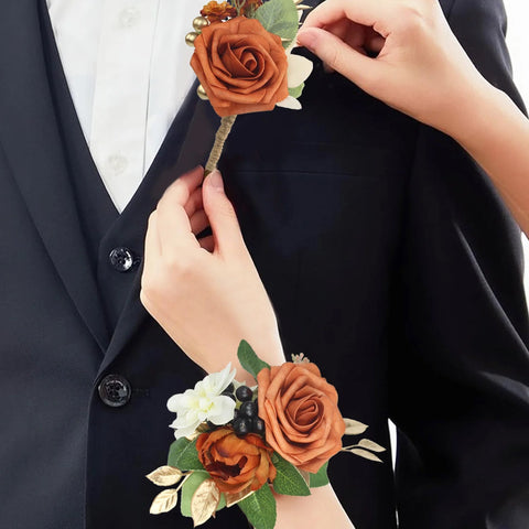 Set of Burnt Orange Corsage & Boutonniere