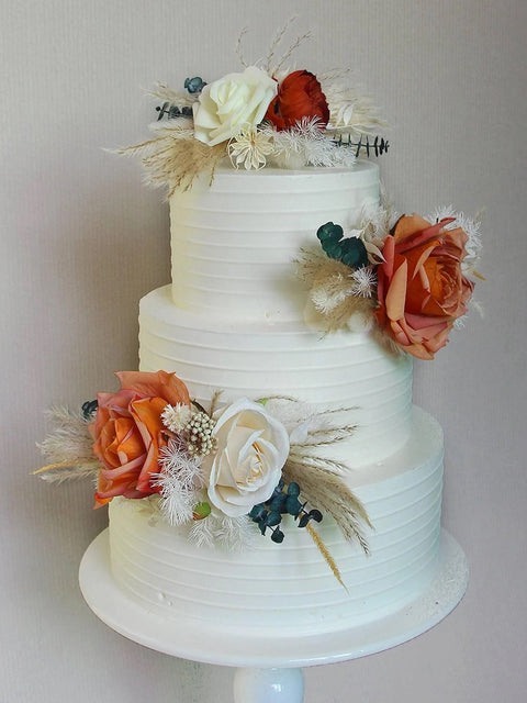 Set of 3 - Burnt Orange & Beige Cake Flowers