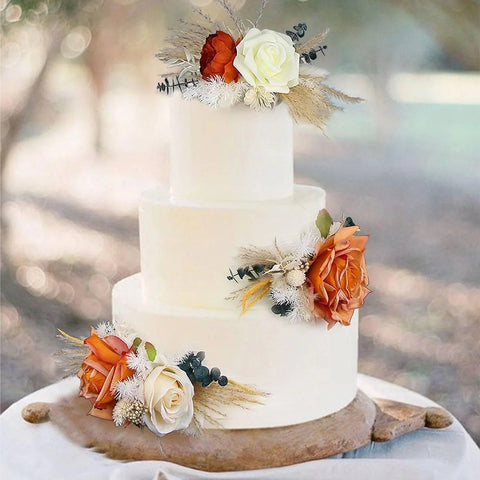 Set of 3 - Burnt Orange & Beige Cake Flowers
